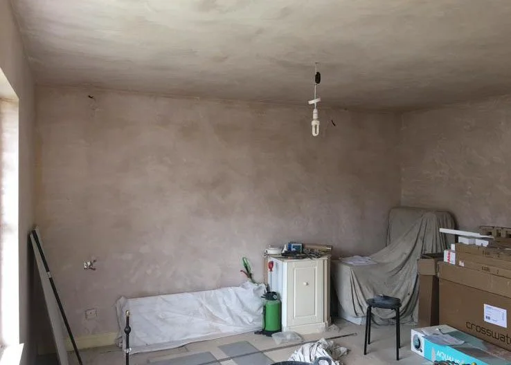 Home renovation project with unfinished plastered room in Hersham Surrey.