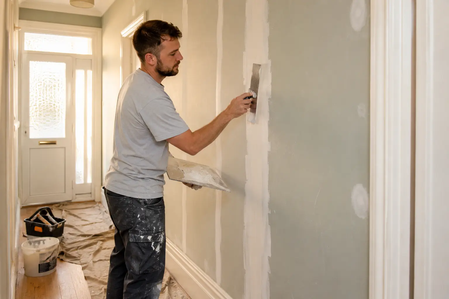 Applying joint compound with a putty knife as a DIY alternative to plastering.