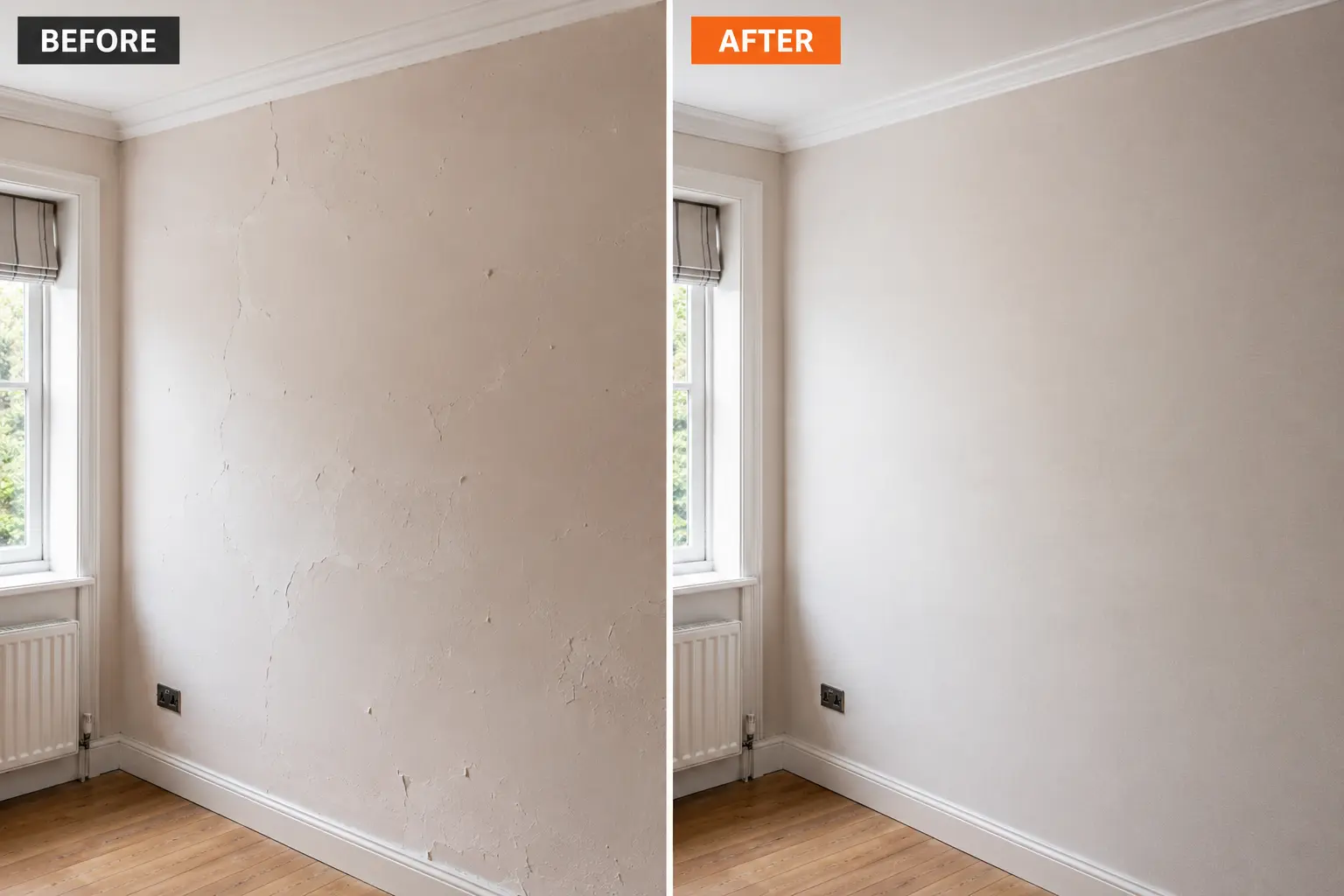 Before and after comparison showing lining paper hiding minor wall imperfections and cracks