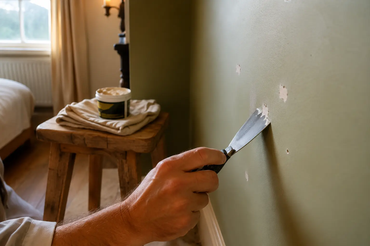 Precision dab method used to patch isolated wall imperfections without full replastering.