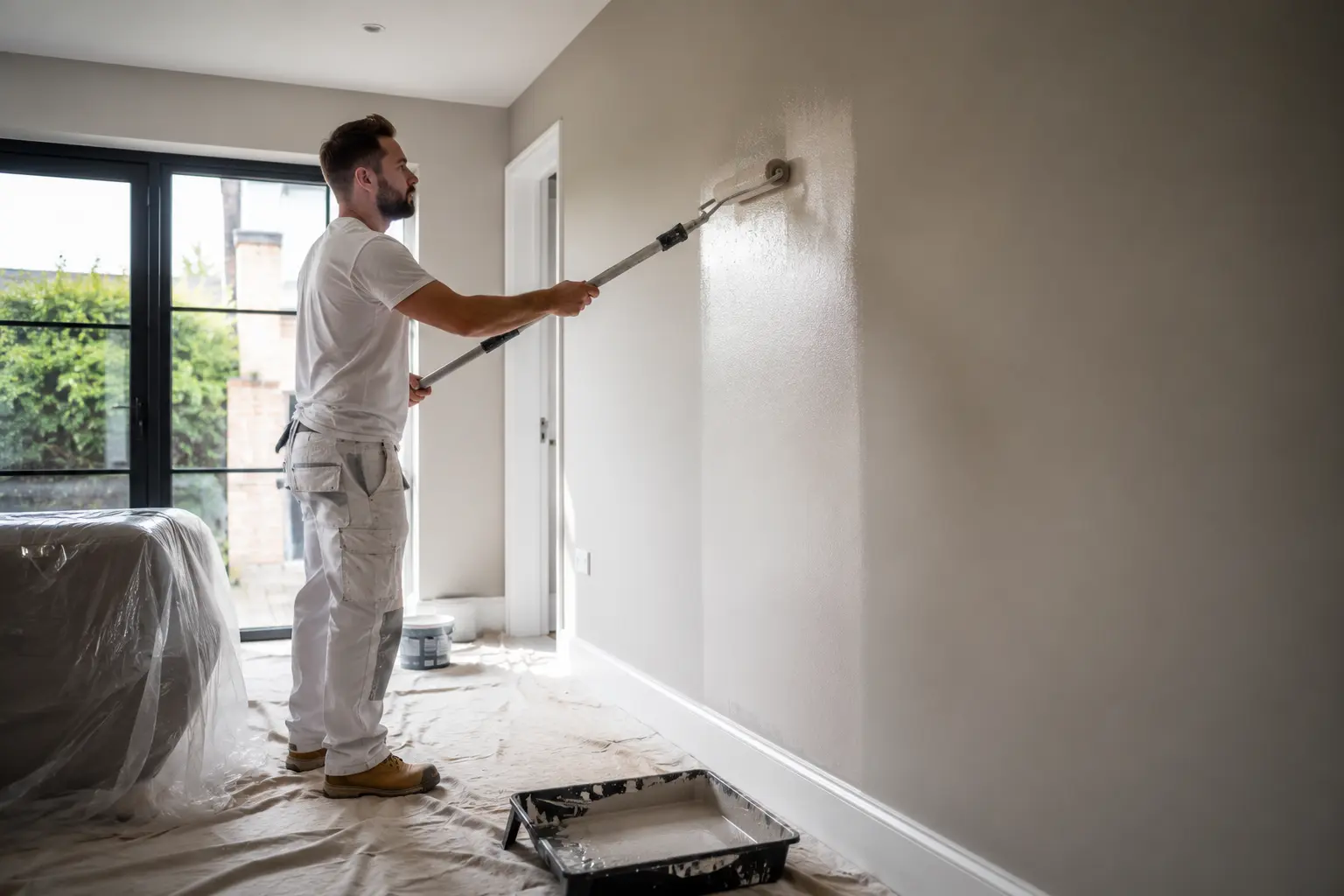 Applying silk emulsion paint directly to a wall as a strategic alternative to plastering.