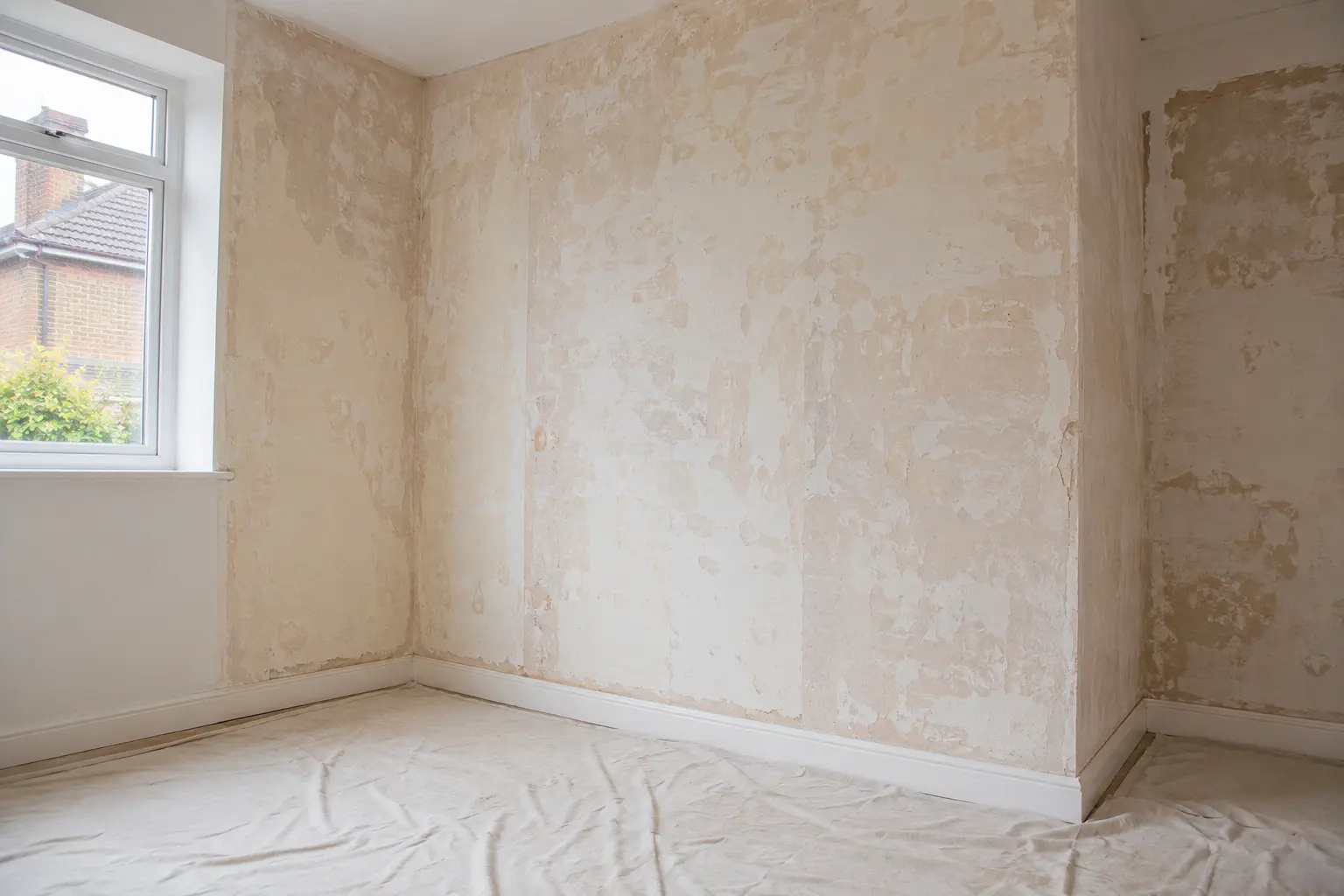 Stripped wallpaper revealing wall imperfections before choosing a plastering alternative.