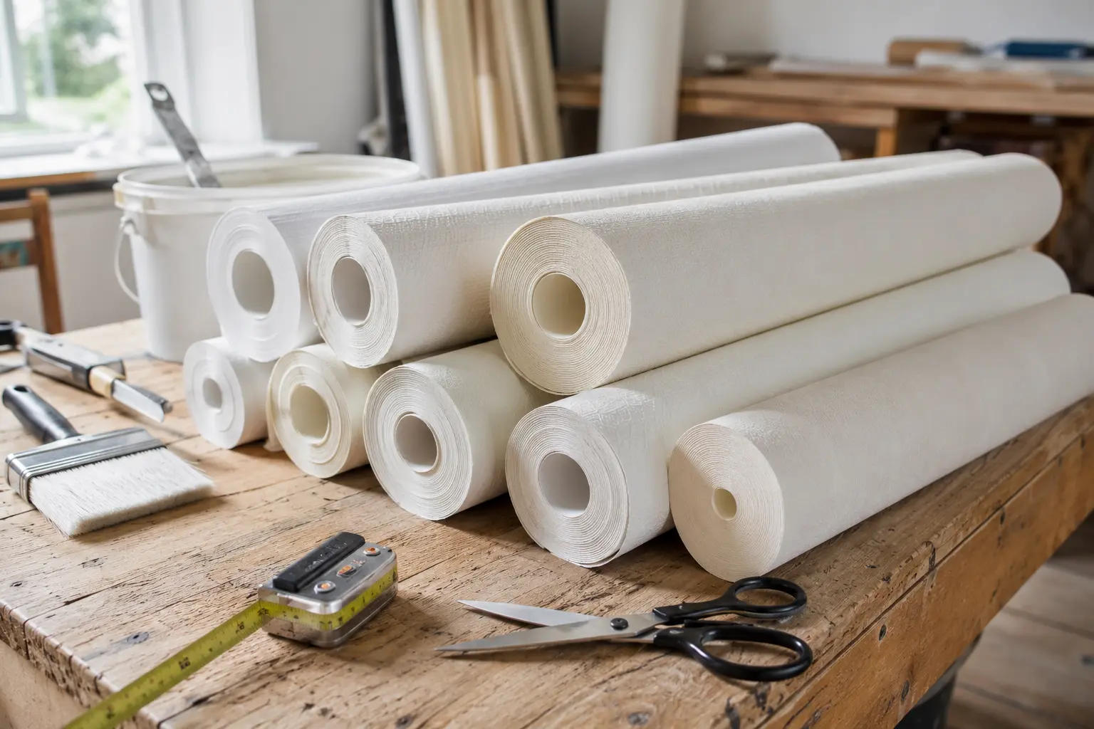 Rolls of lining paper in different grades and thicknesses for wall preparation