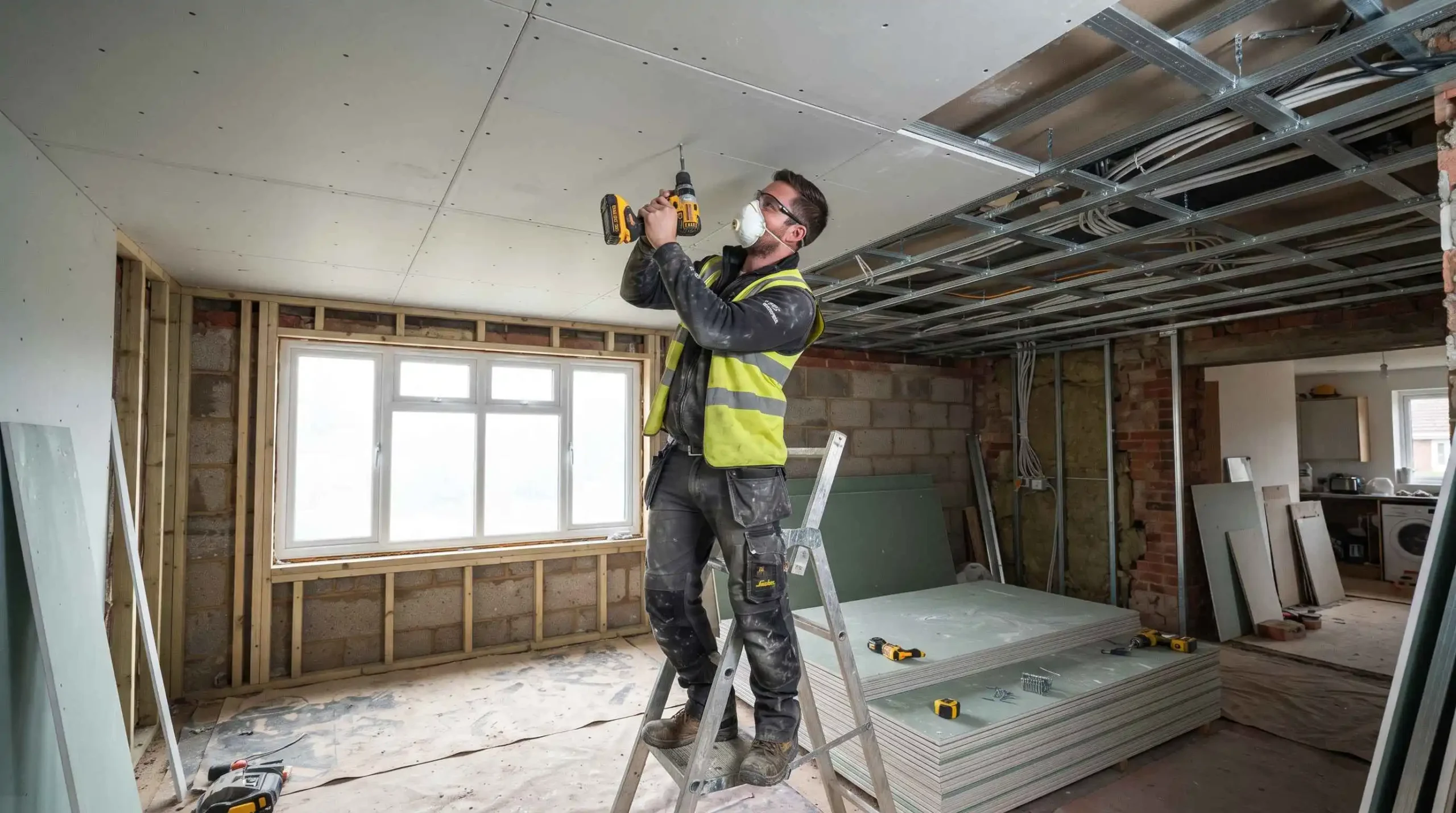 New plasterboard ceiling boarding installed in a Cobham home